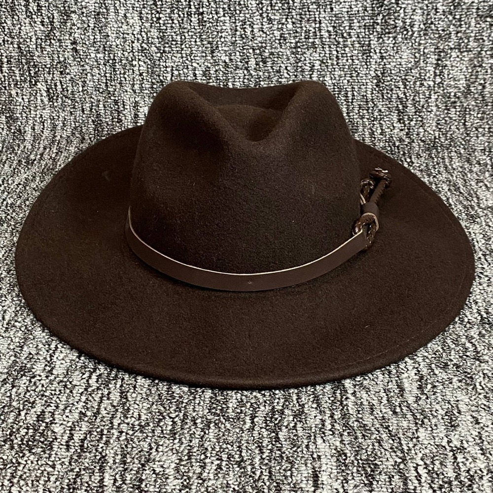 Eddie Bauer Brown Felt Fedora Safari Wide Brim Hat Braided Leather Band Sz S/M
